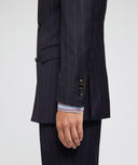 Navy and brown pinstriped wool suit