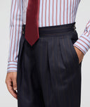 Navy and brown pinstriped wool suit